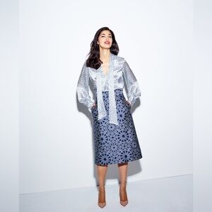 Caroline Issa Geo-Print Wool Silk A-Line Skirt